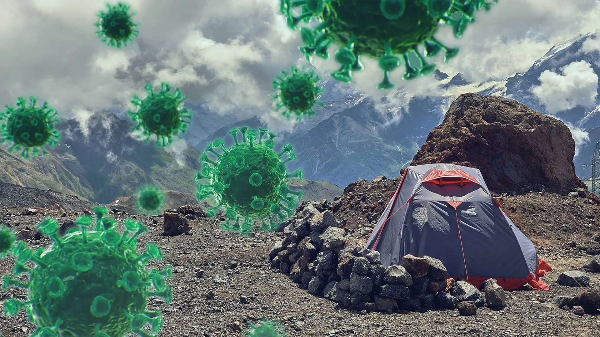 Палатка на Эвересте на фоне бацилл коронавируса