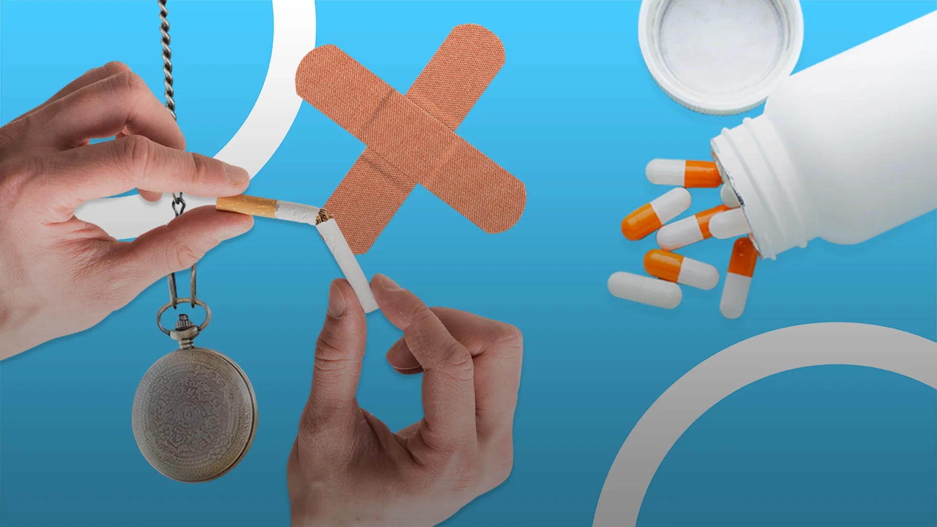 Сломаная сигарета и разнообразные таблетки и пластыри для отказа от табака