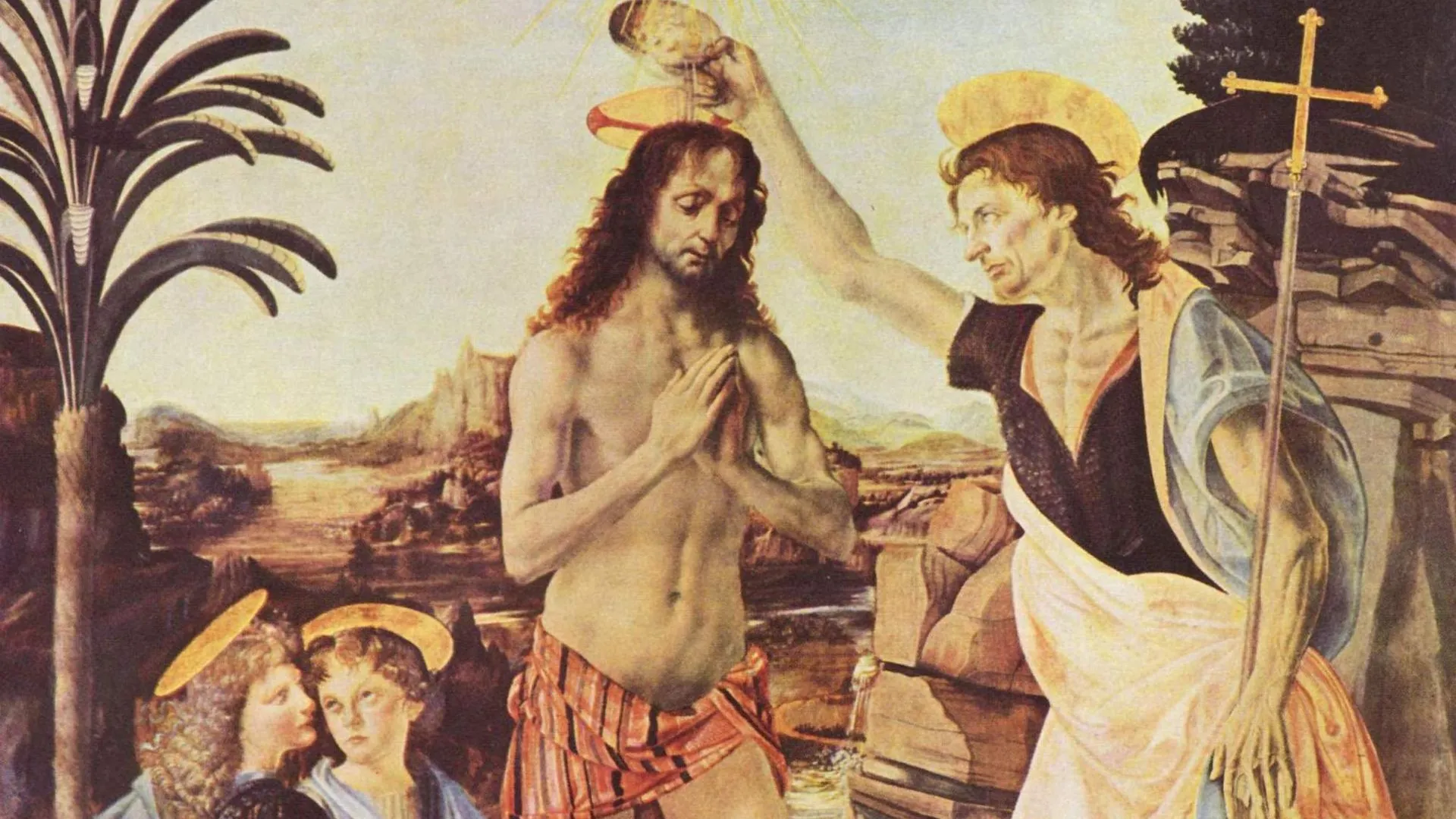 «Крещение», Андреа Верроккьо совместно с его учеником Леонардо да Винчи