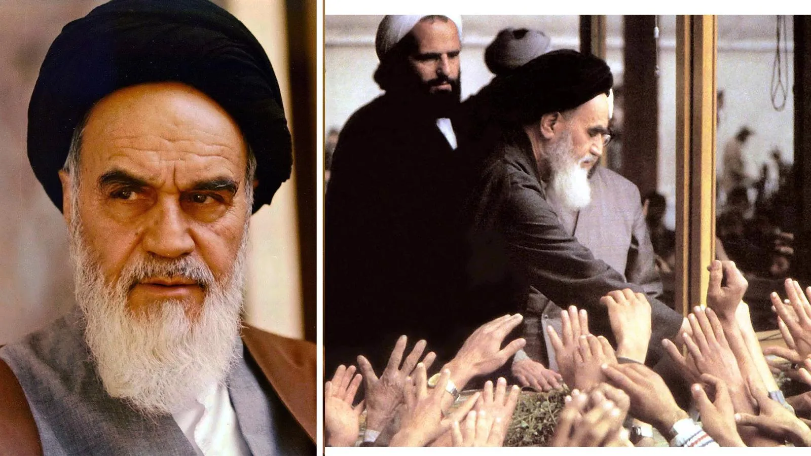 Сейид Рухолла Мусави Хомейни в 1981 году; аятолла Хомейни с людьми, 1979 год