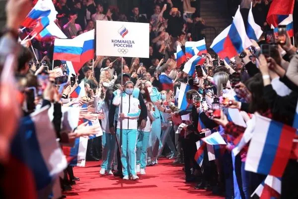 Спортсмены сборной России на торжественной встрече олимпийцев на стадионе «ВТБ Арена» в Москве