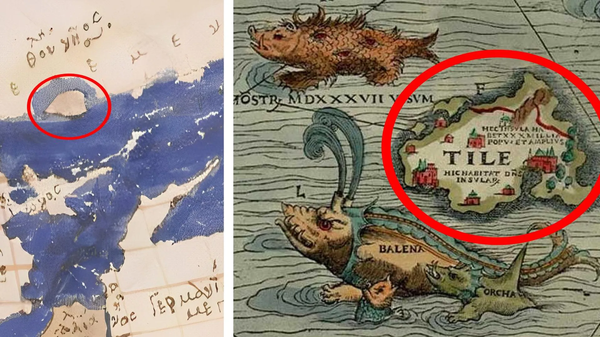 Слева направо: остров Туле — Ultima Thule — на карте мира из «Географии» Птолемея, XIV–XV век; остров Туле — Ultima Thule — на карте Carta Marina, XVI век