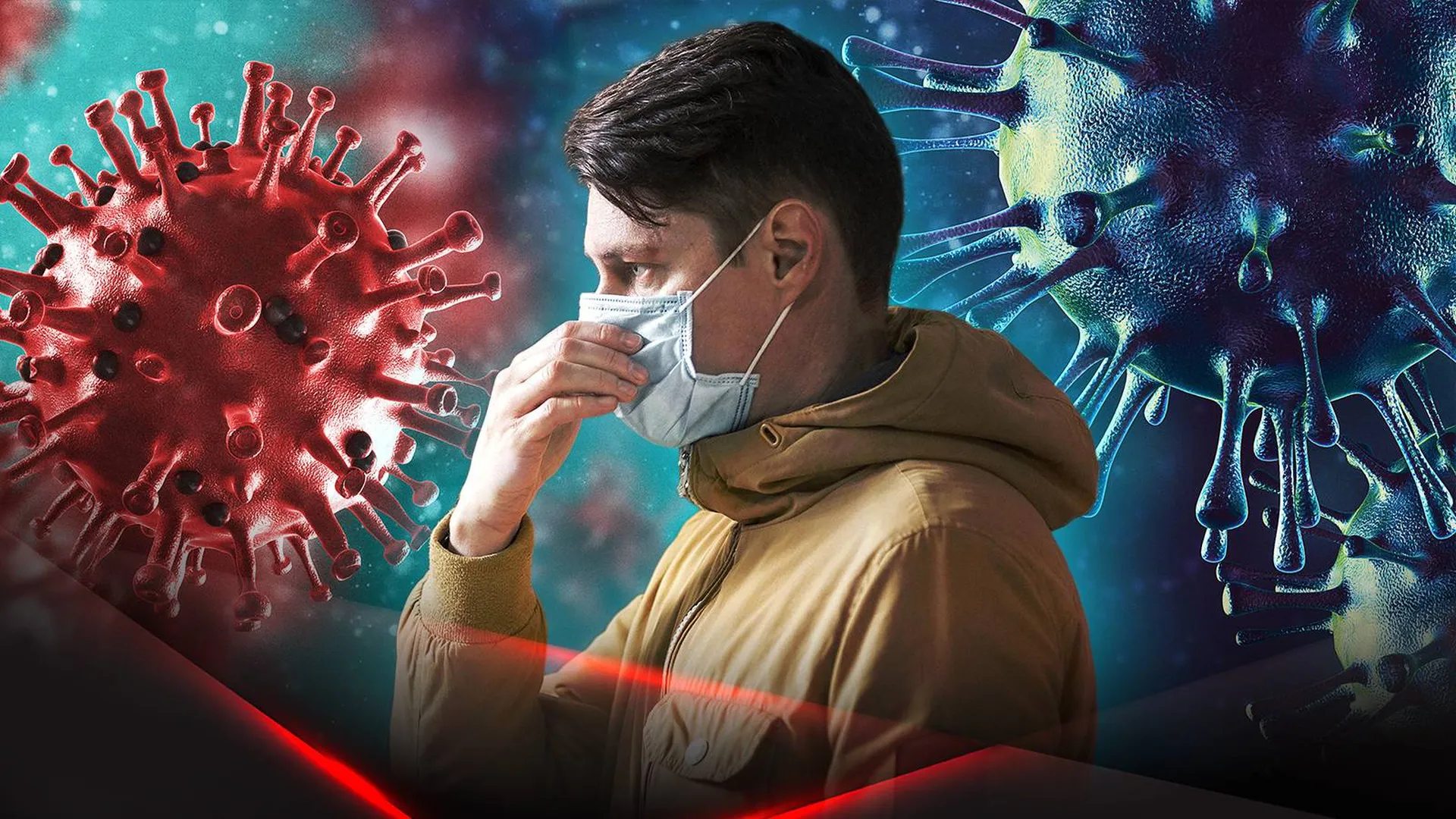Человек в медицинской маске на фоне бактерий коронавируса
