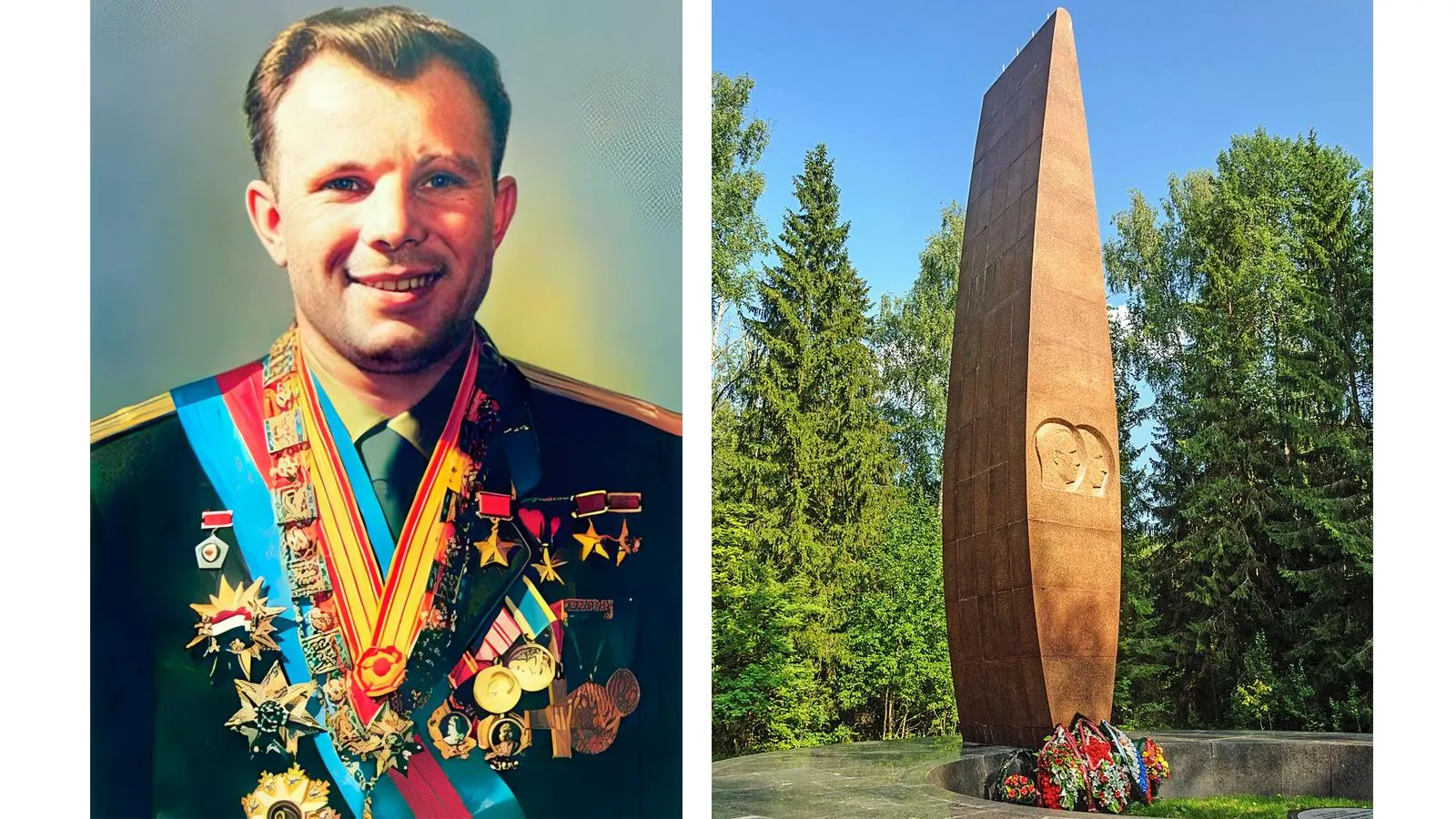 Парадный портрет Юрия Гагарина с наградами; обелиск на месте гибели Гагарина и Серегина