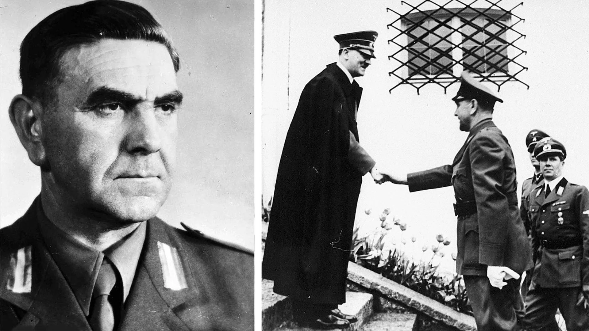 Анте Павелич в 1945 году; Анте Павелич жмет руку Адольфу Гитлеру, 9 июня 1941 года