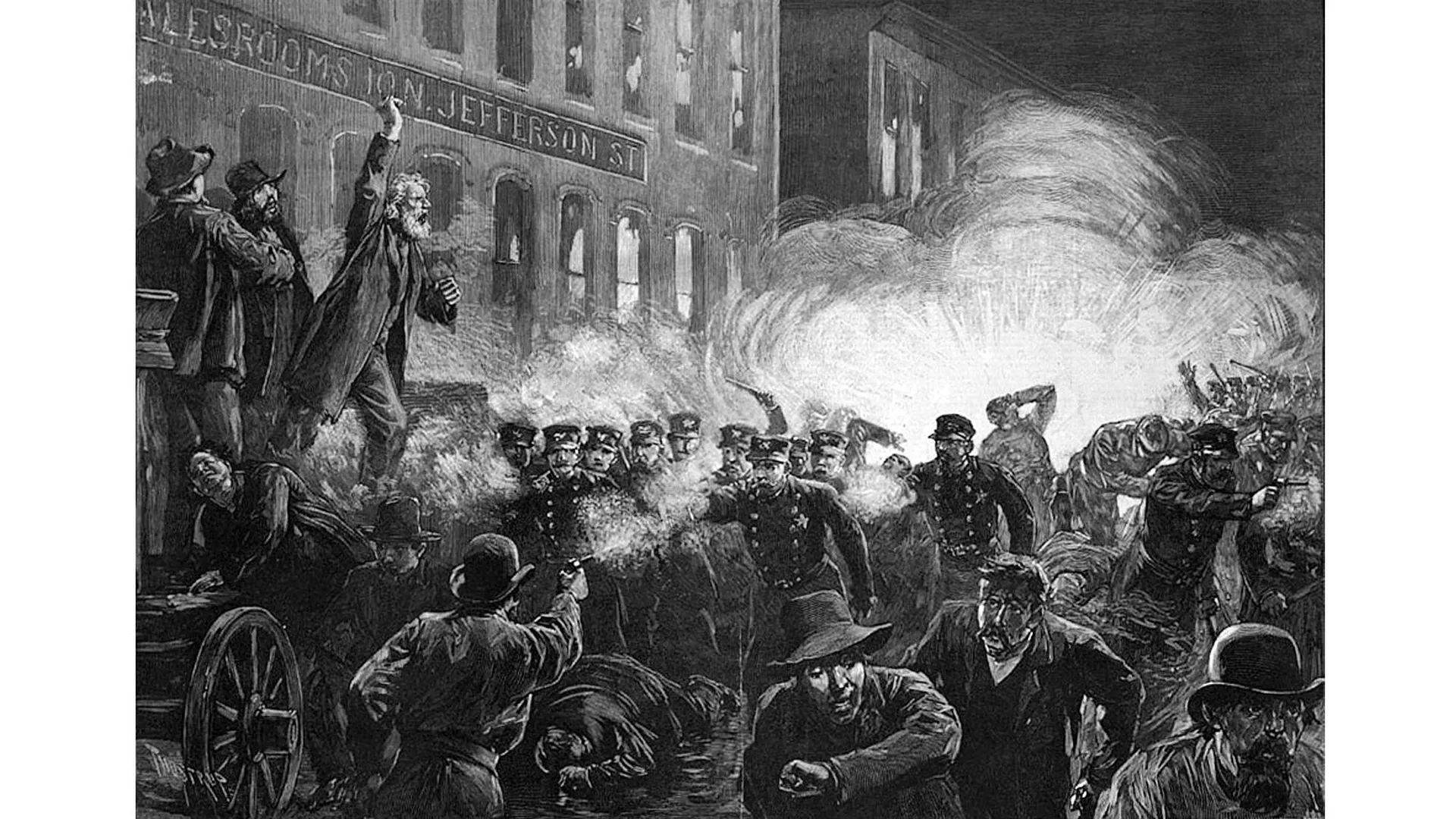 Гравюра «Взрыв бомбы во время митинга на площадь Хеймаркет», 1886 год