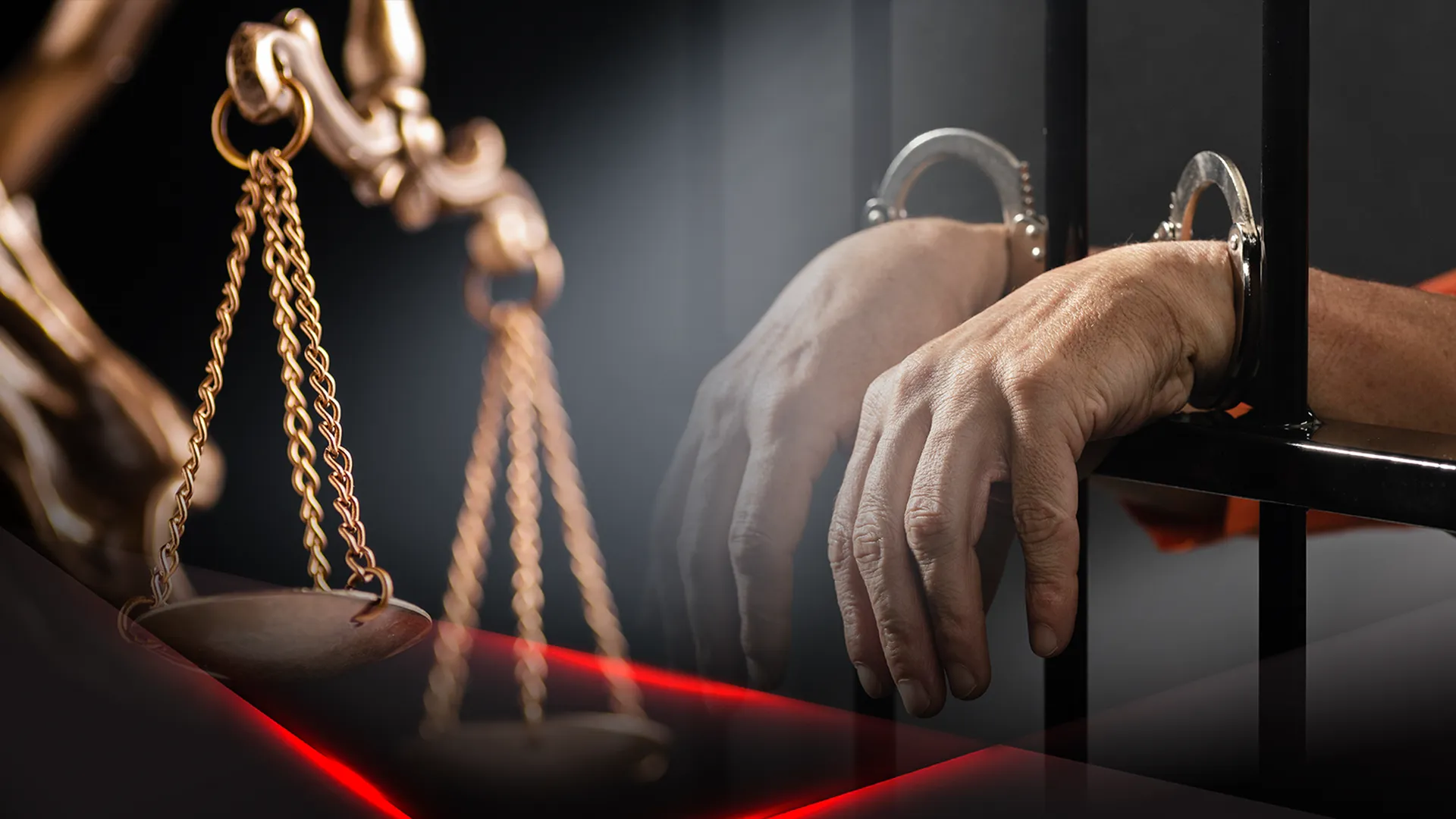 Весы правосудия и руки в наручниках, высовывающиеся из "клетки" суда