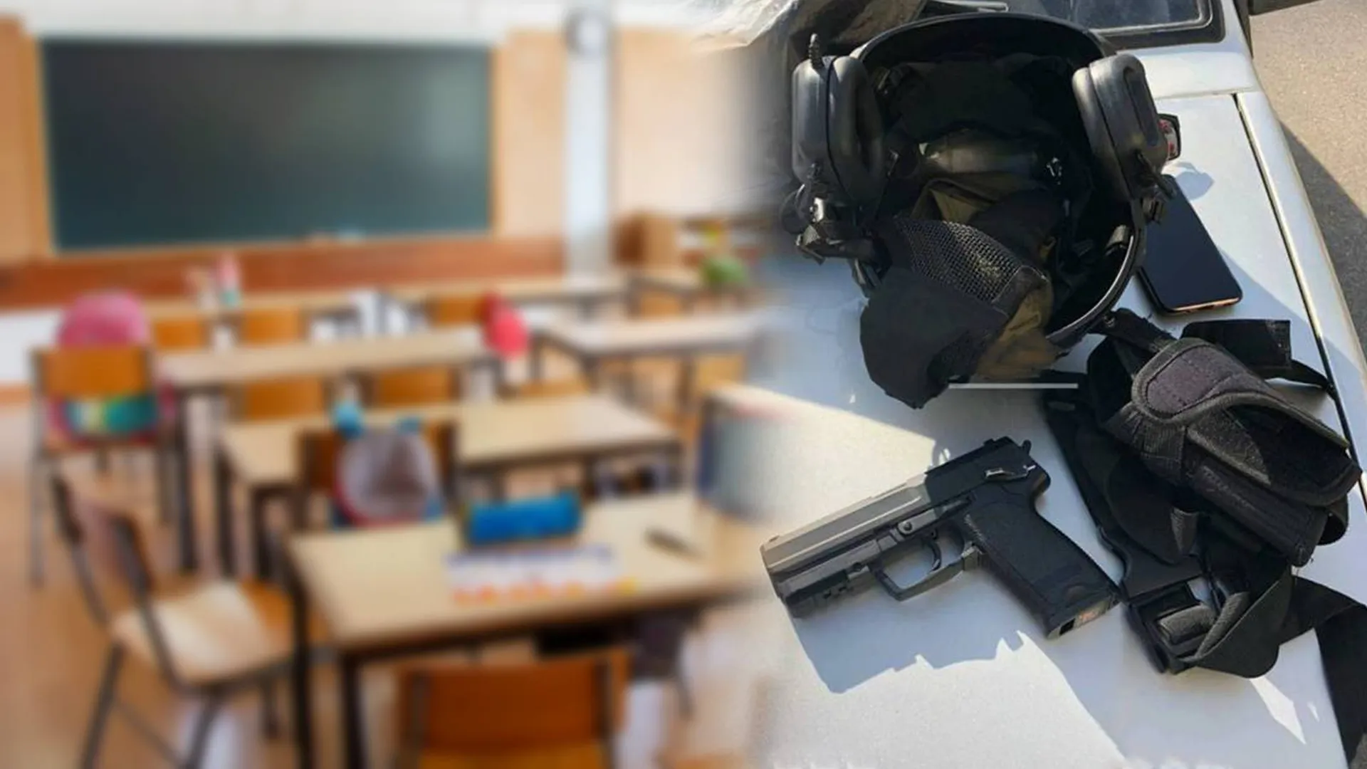 Изъятая амуниция и оружие на фоне школьной классной комнаты