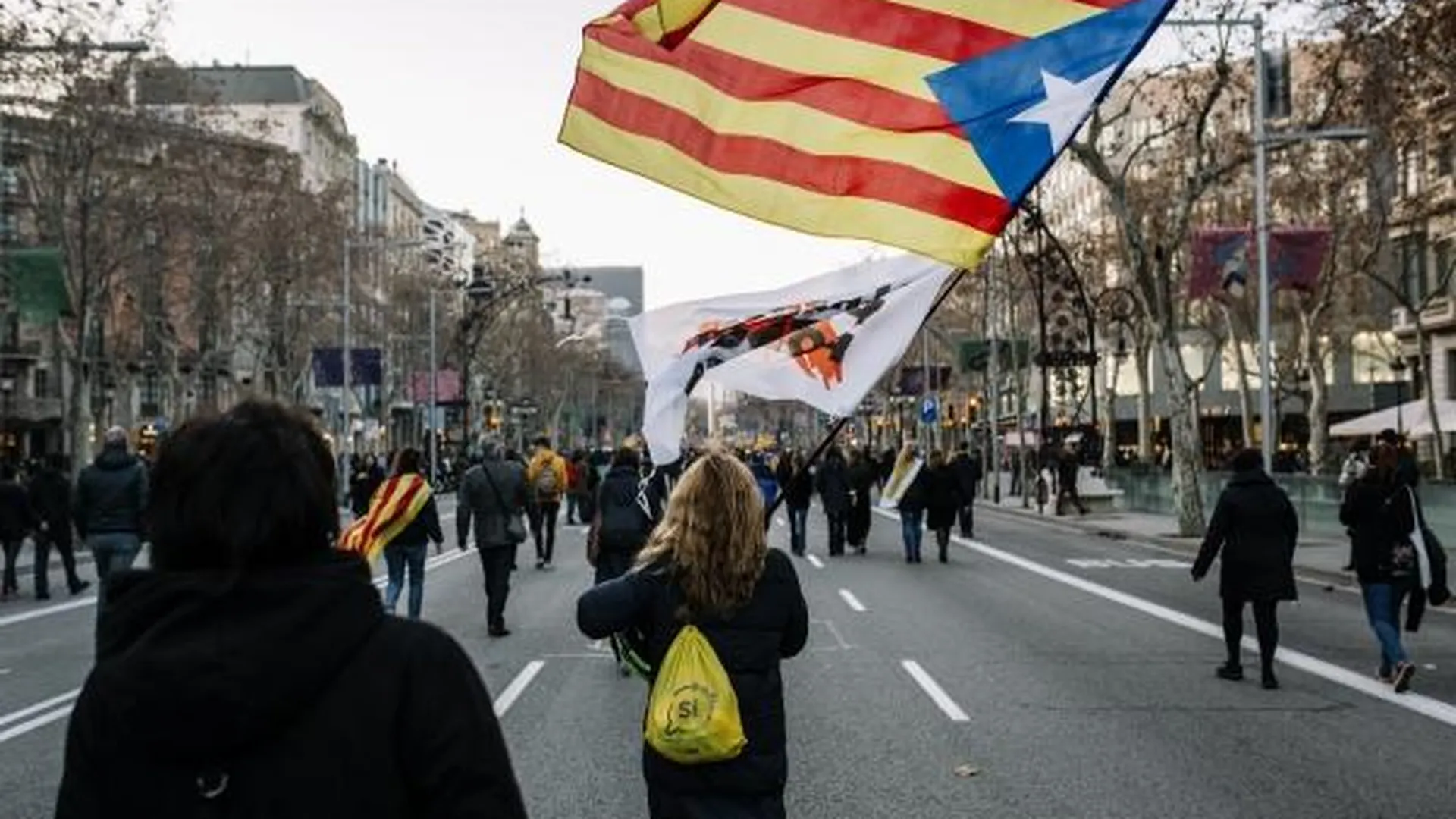 Участники митинга сторонников независимости Каталонии. Митингующие выступают против судебного процесса над региональными сепаратистскими политиками