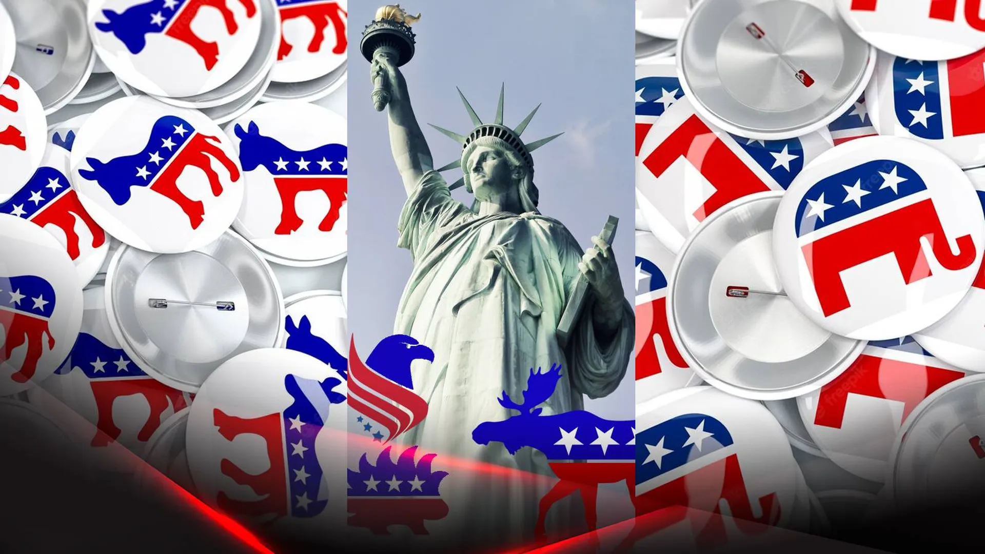 Статуя Свободы между символами американских партий