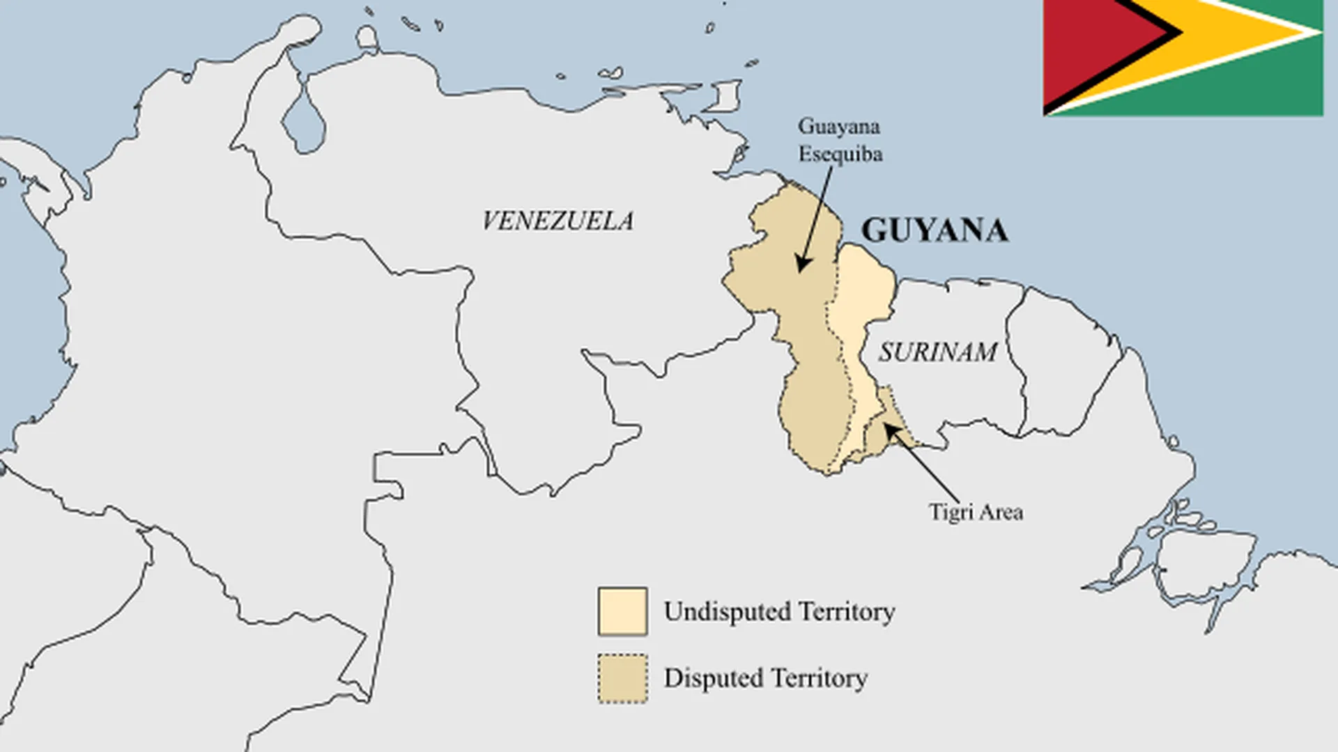 Регион Эссекибо на карте (отмечен темно-бежевым цветом и стрелкой). Справа от него — территория Гайаны, слева — Венесуэла