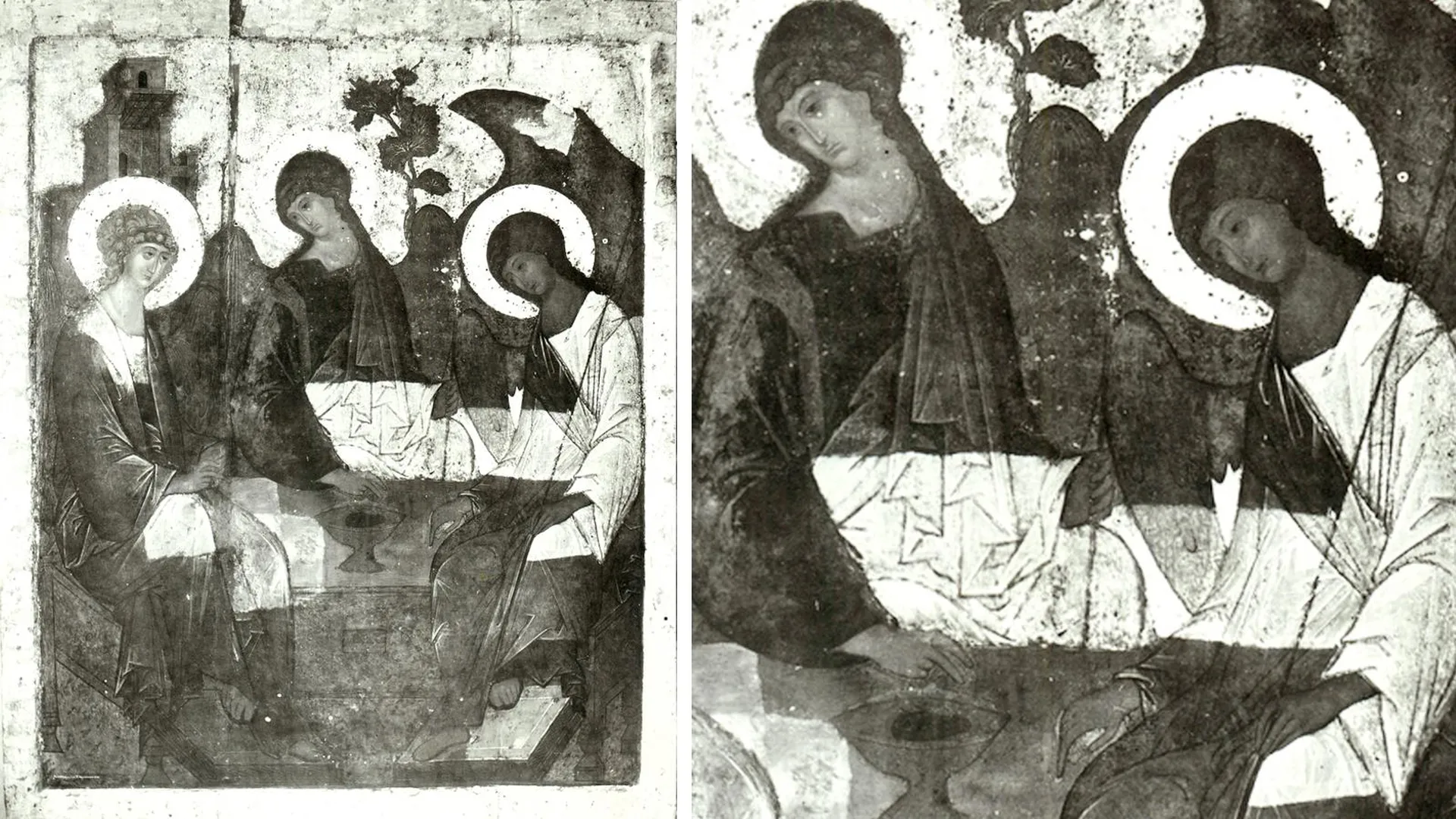 Фото реставрации «Троицы»: светлая полоса — очистка гурьяновской записи