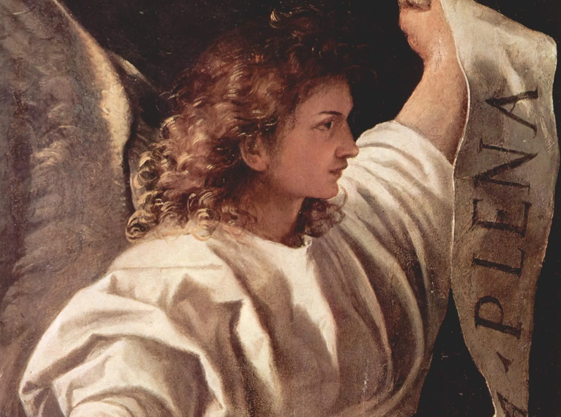 «Алтарь Альбероди», Тициан. В руках архангела свиток с вышеприведенными словами
