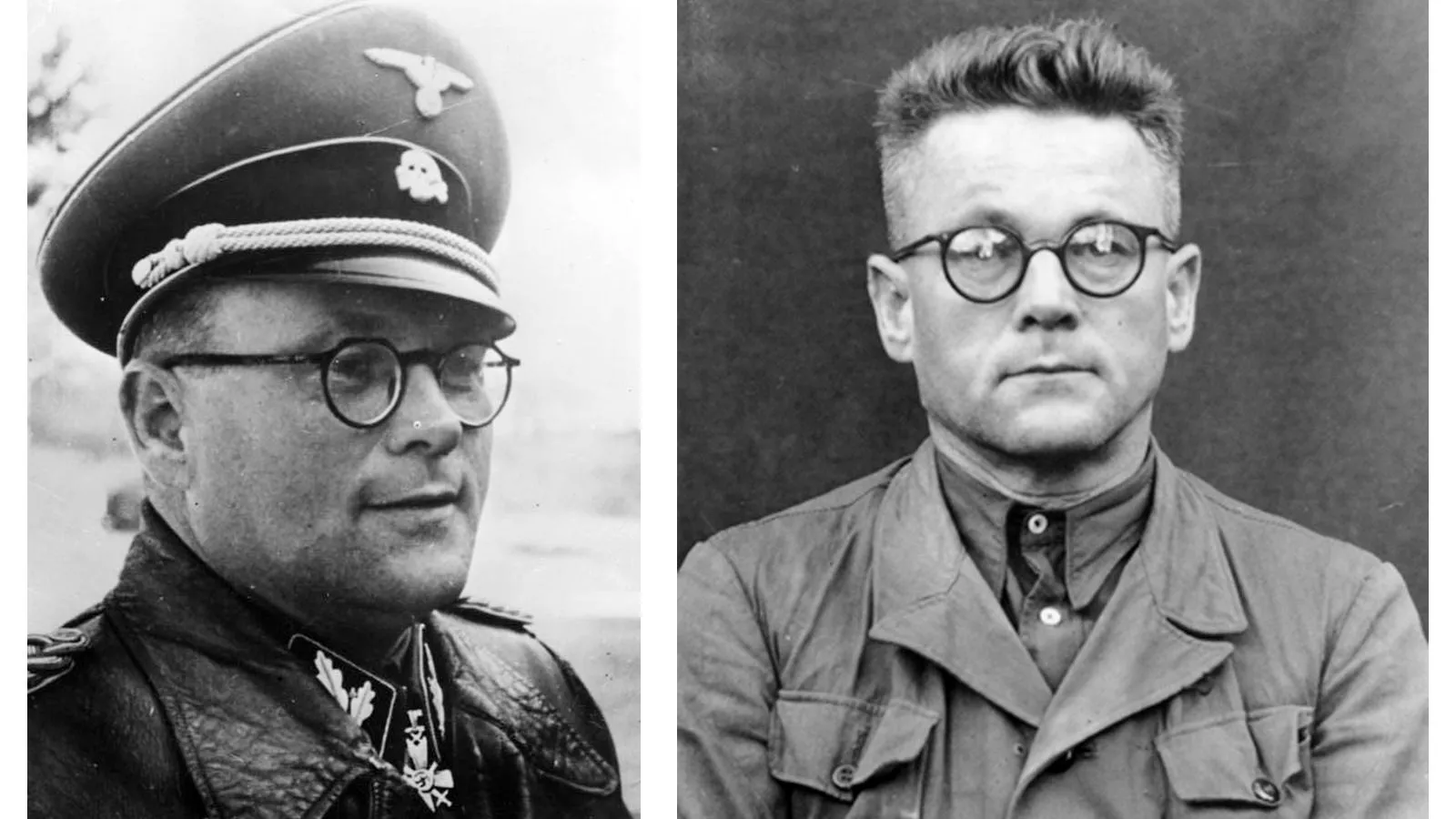 1 — личный врач и школьный друг рейхсфюрера СС Генриха Гиммлера, группенфюрер СС Карл Гебхардт в 1944 году; 2 — Гебхардт во время Нюрнбергского процесса по делу медиков в 1947 году
