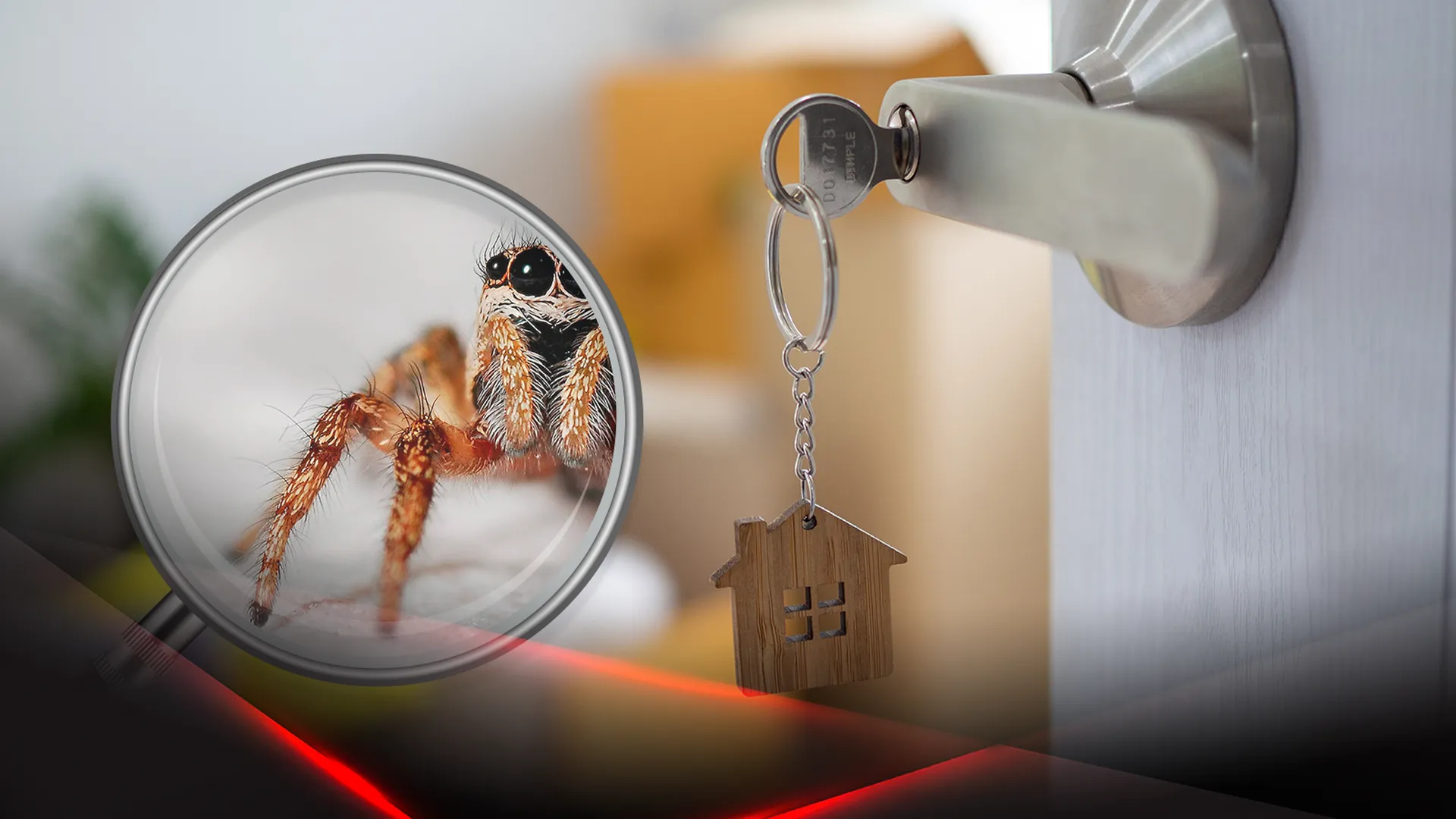 Открытая дверь квартиры и паук в увеличительном стекле