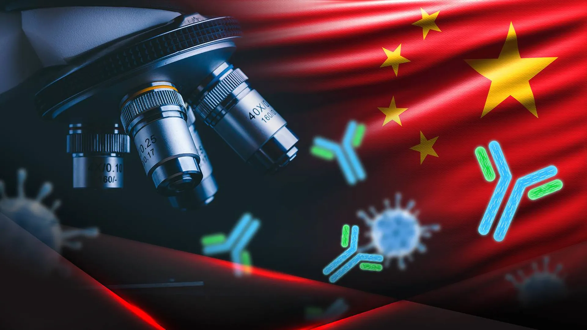 Микроскоп и химические соединения на фоне флага Китая