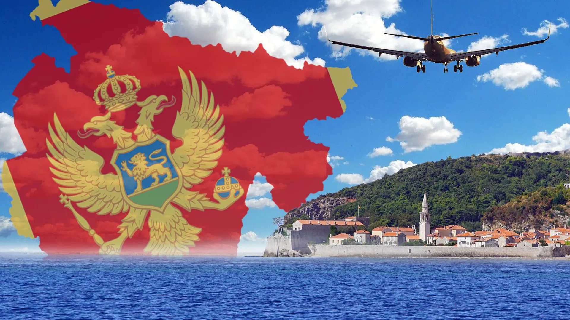 Самолет в небе на фоне берега и флага Черногории