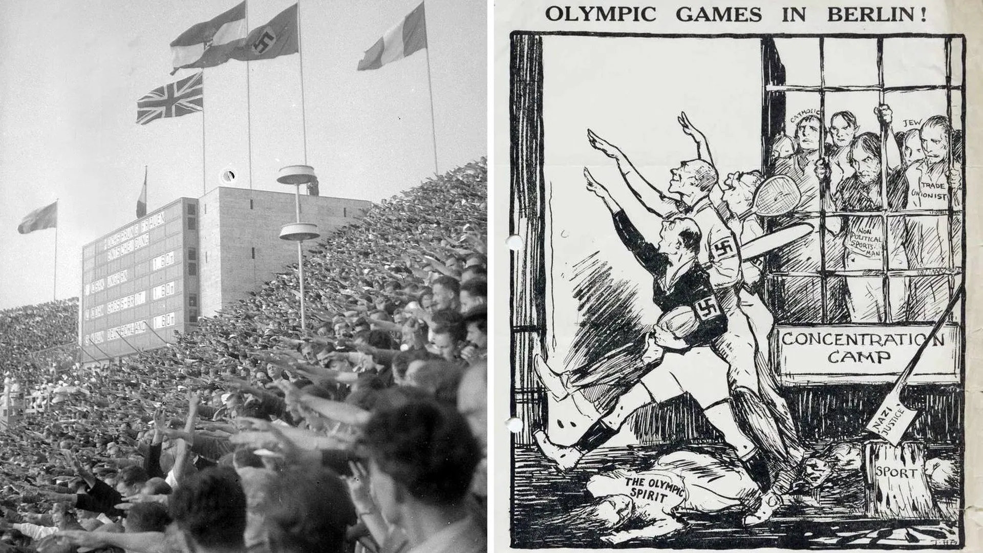«Зигующий» стадион в Берлине, 1936 год; карикатура на МОК, не замечающего нацизма, 1935 год