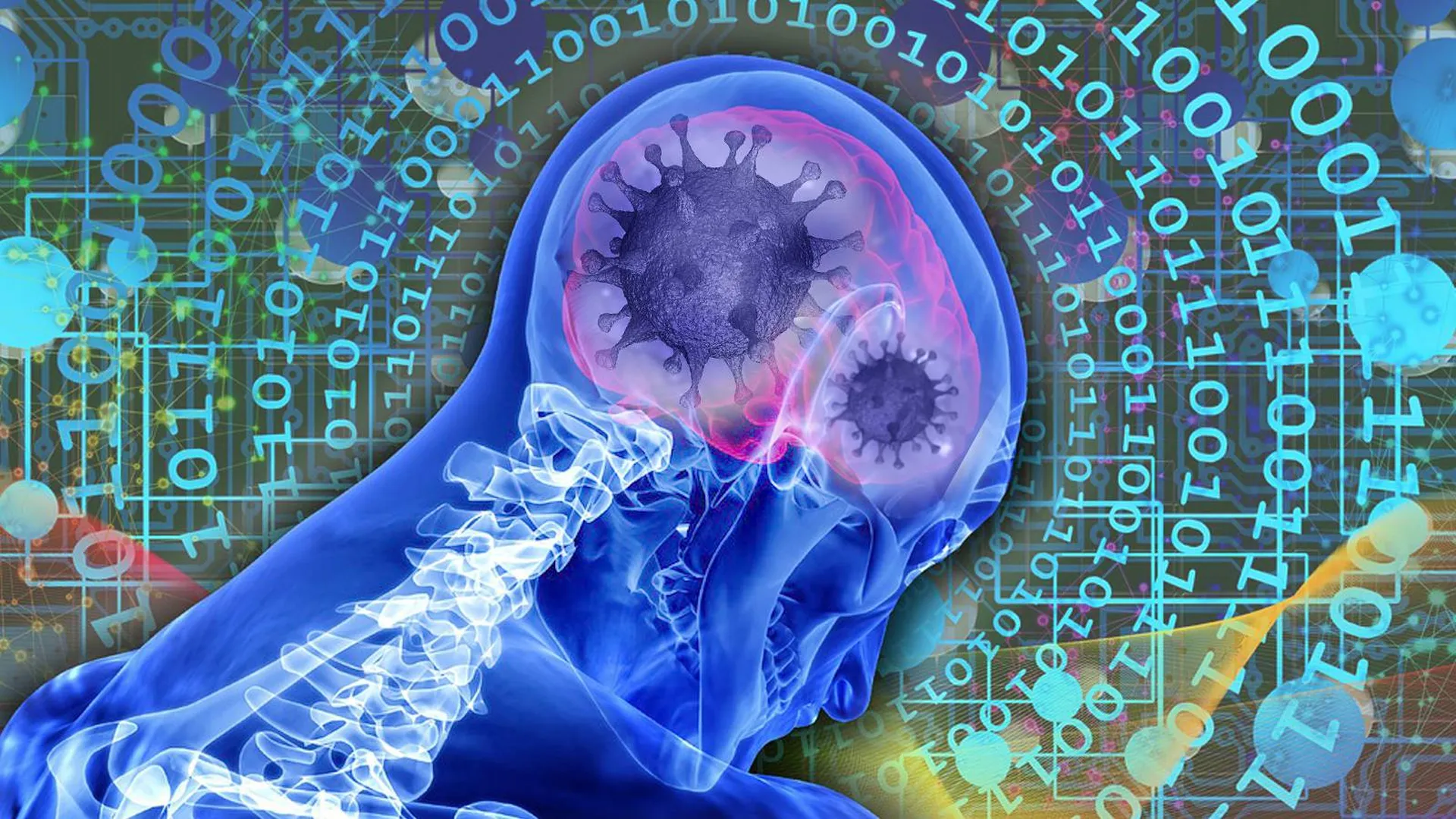 Голова человека с молекулами коронавируса в мозге