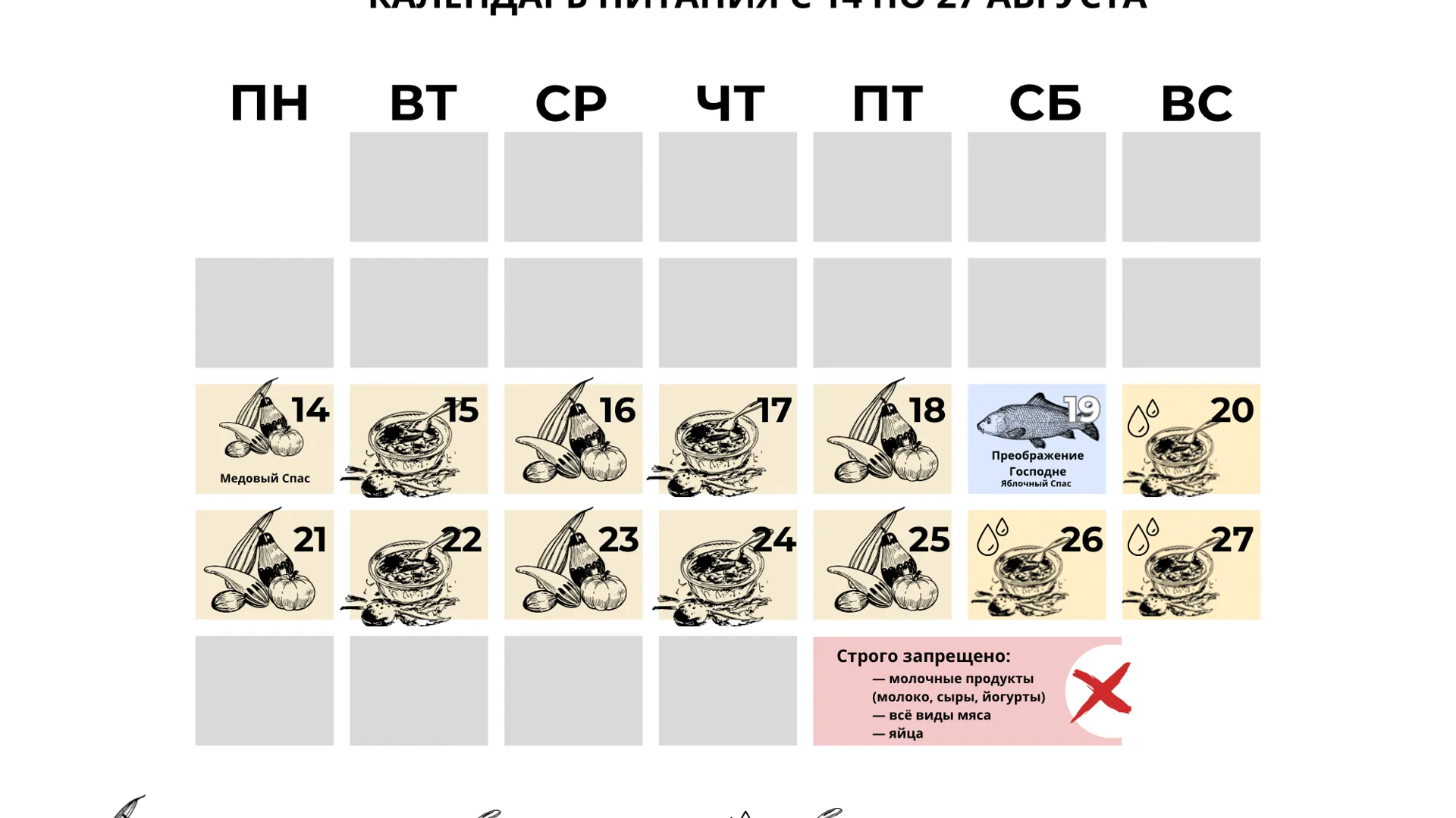 Календарь питания в Успенский пост.