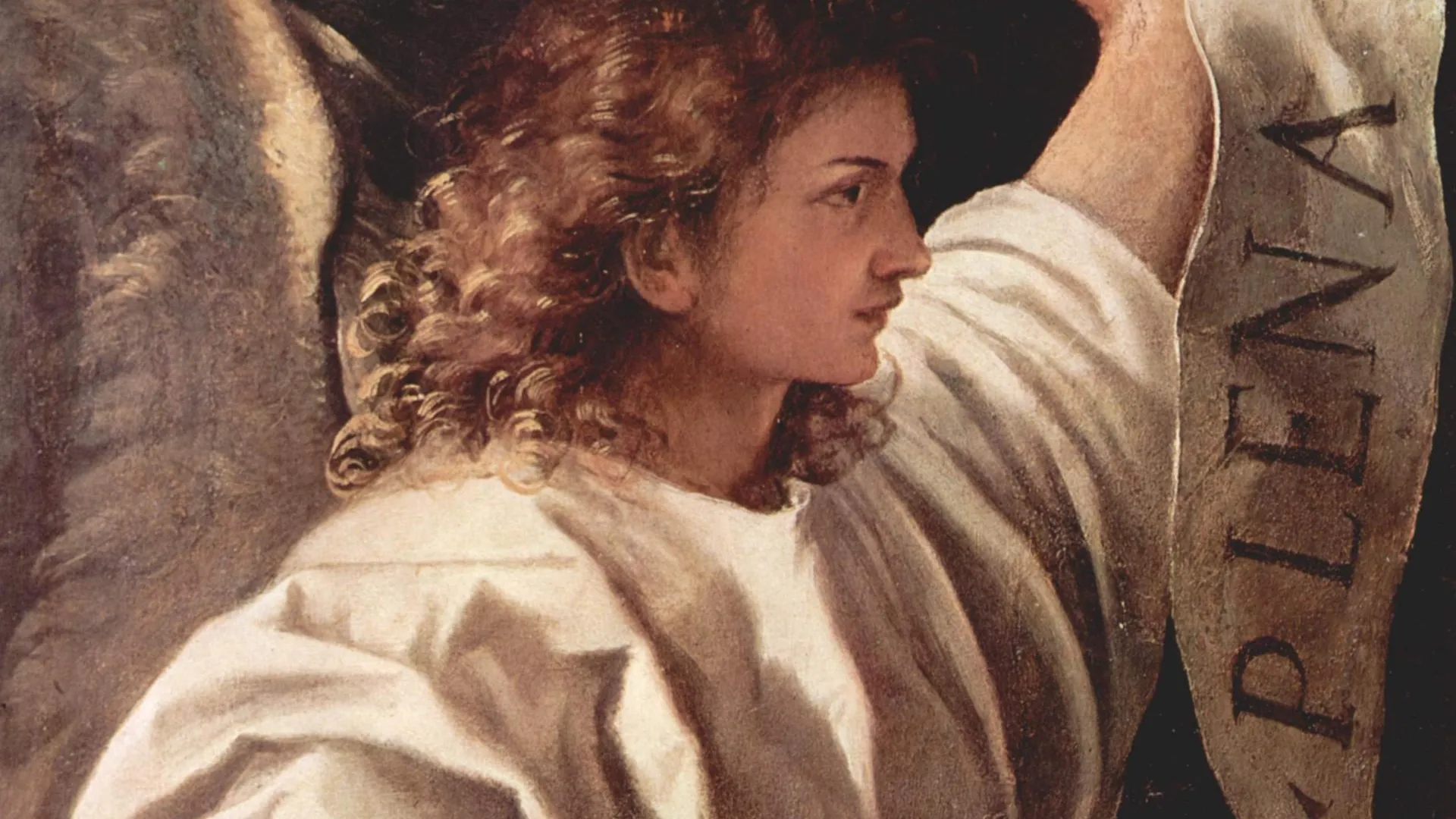 «Алтарь Альбероди», Тициан. В руках архангела свиток с вышеприведенными словами