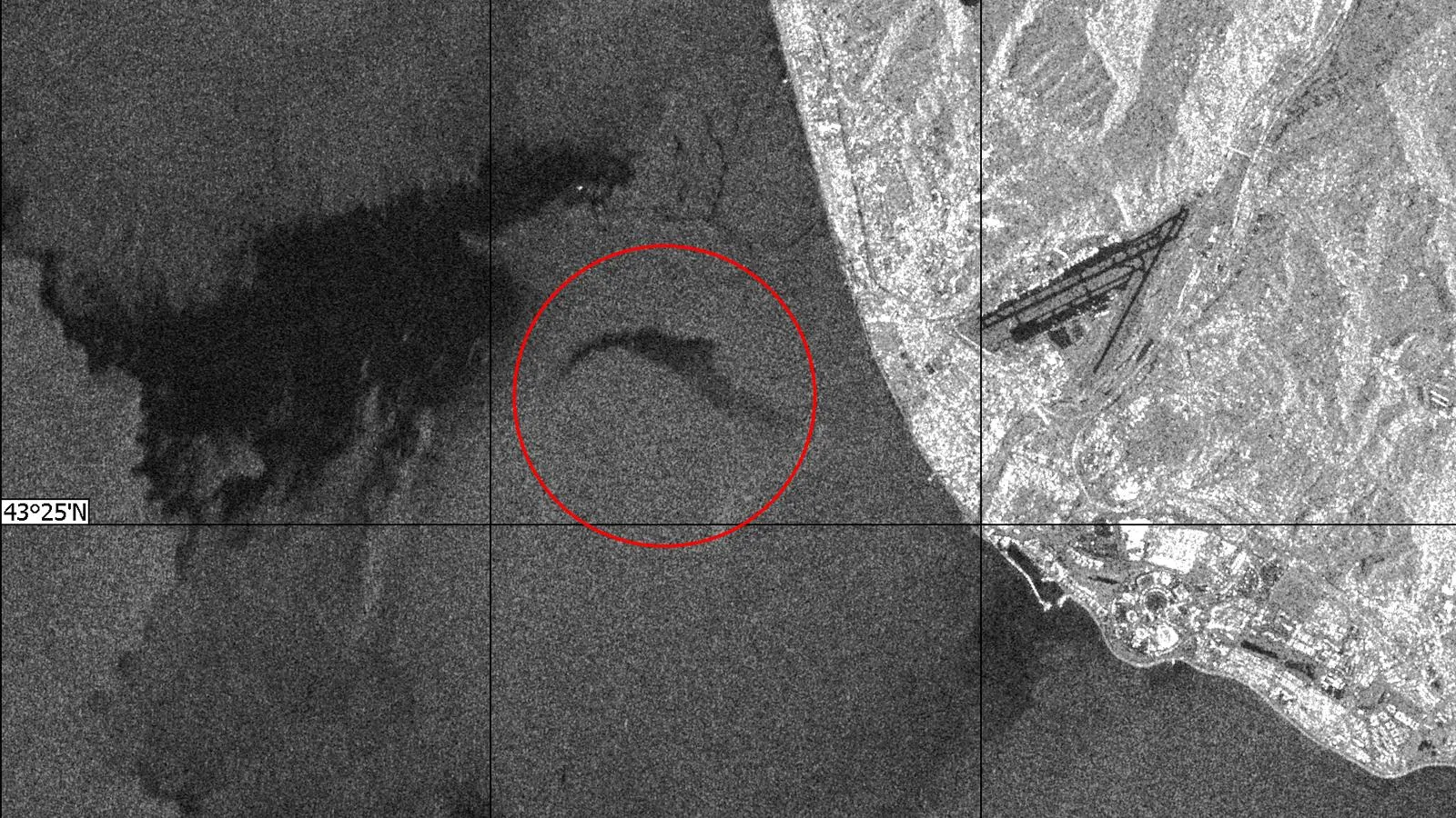 Район катастрофы со спутника: на снимке обозначена зона разлива топлива от самолета