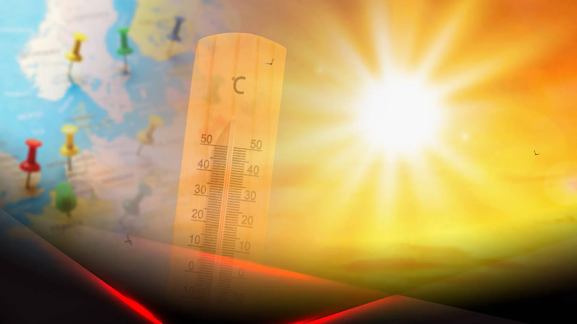 Термометр на фоне солнца и карты Европы