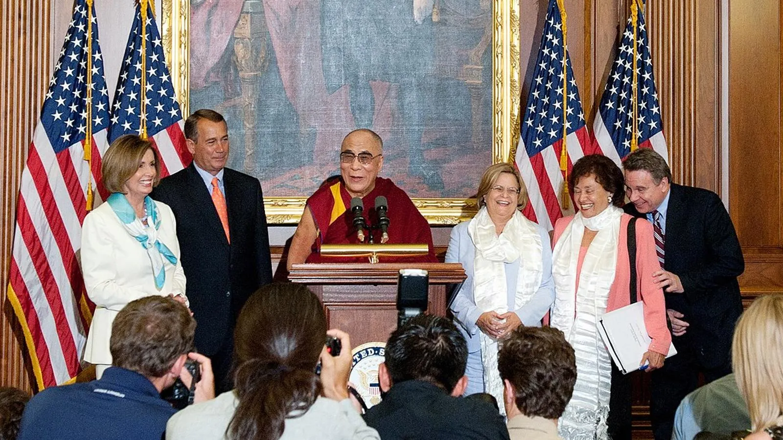 Далай-лама с лидерами конгресса США Нэнси Пелоси и Джоном Бонером, 2011 год