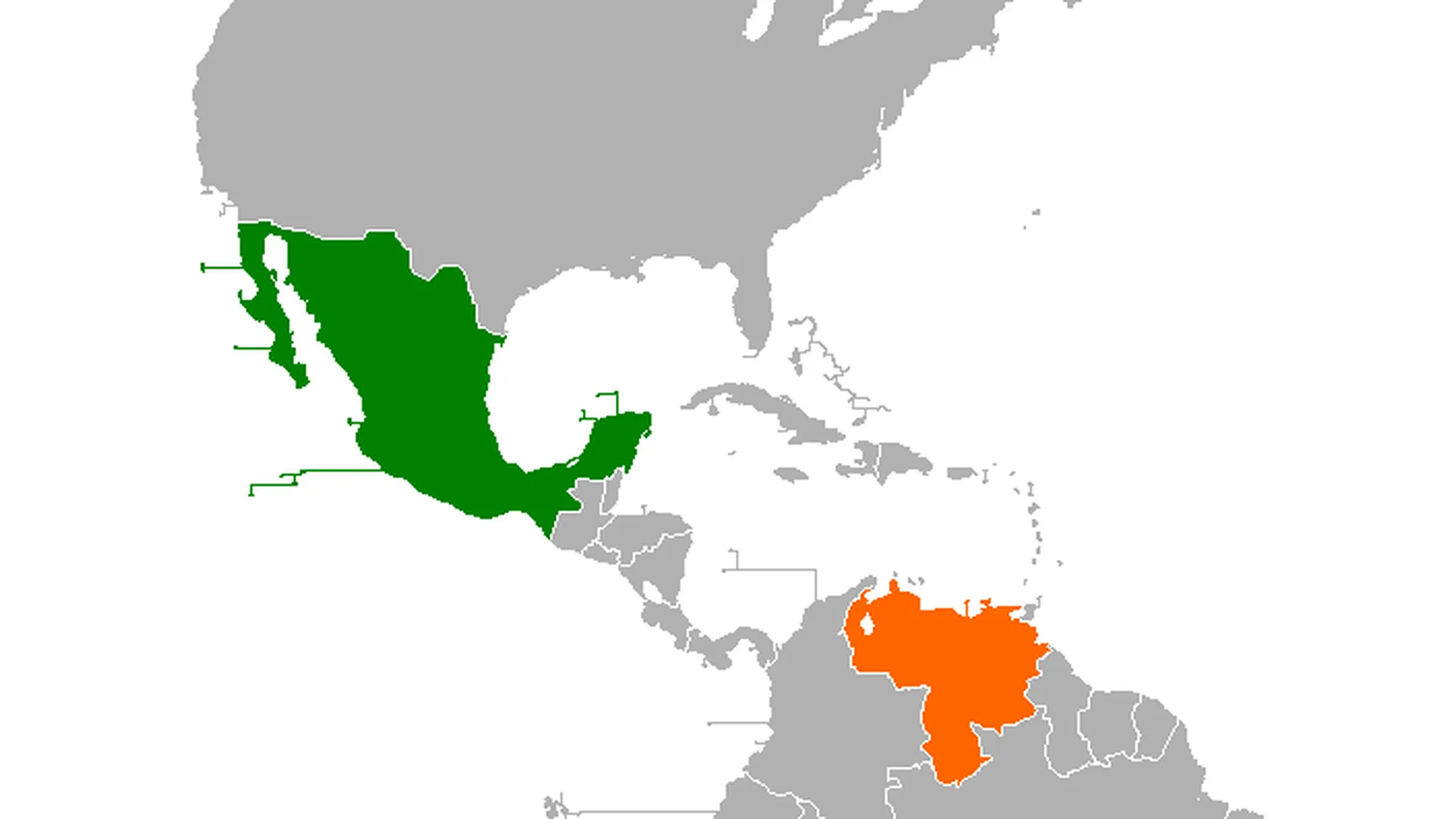 Венесуэла (отмечена оранжевым цветом) и Мексика (отмечена зеленым). Венесуэльцы пересекали границы Никарагуа и Гватемалы и затем попадали на территорию Мексики, двигаясь к пограничному посту округа Брукс, самого ближнего американского штата — Техас