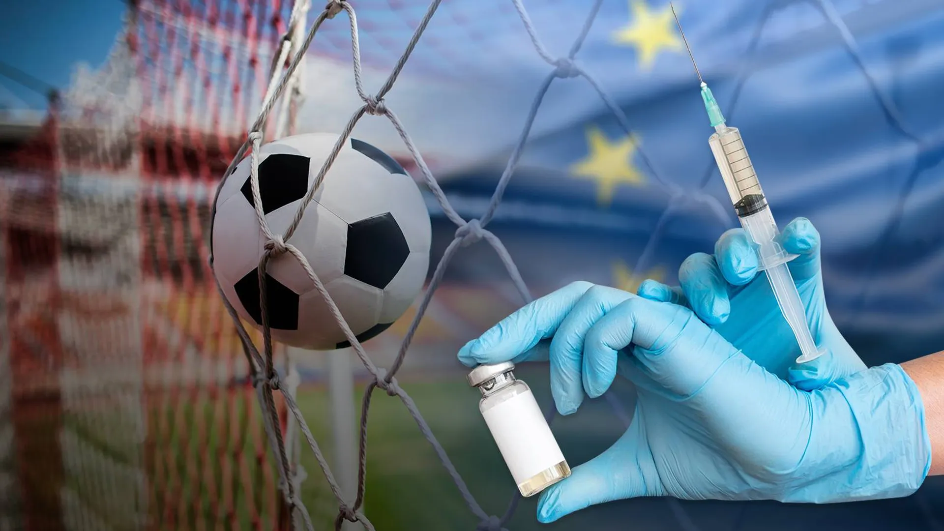Руки со шприцом и вакциной и футбольный мяч в сетке ворот