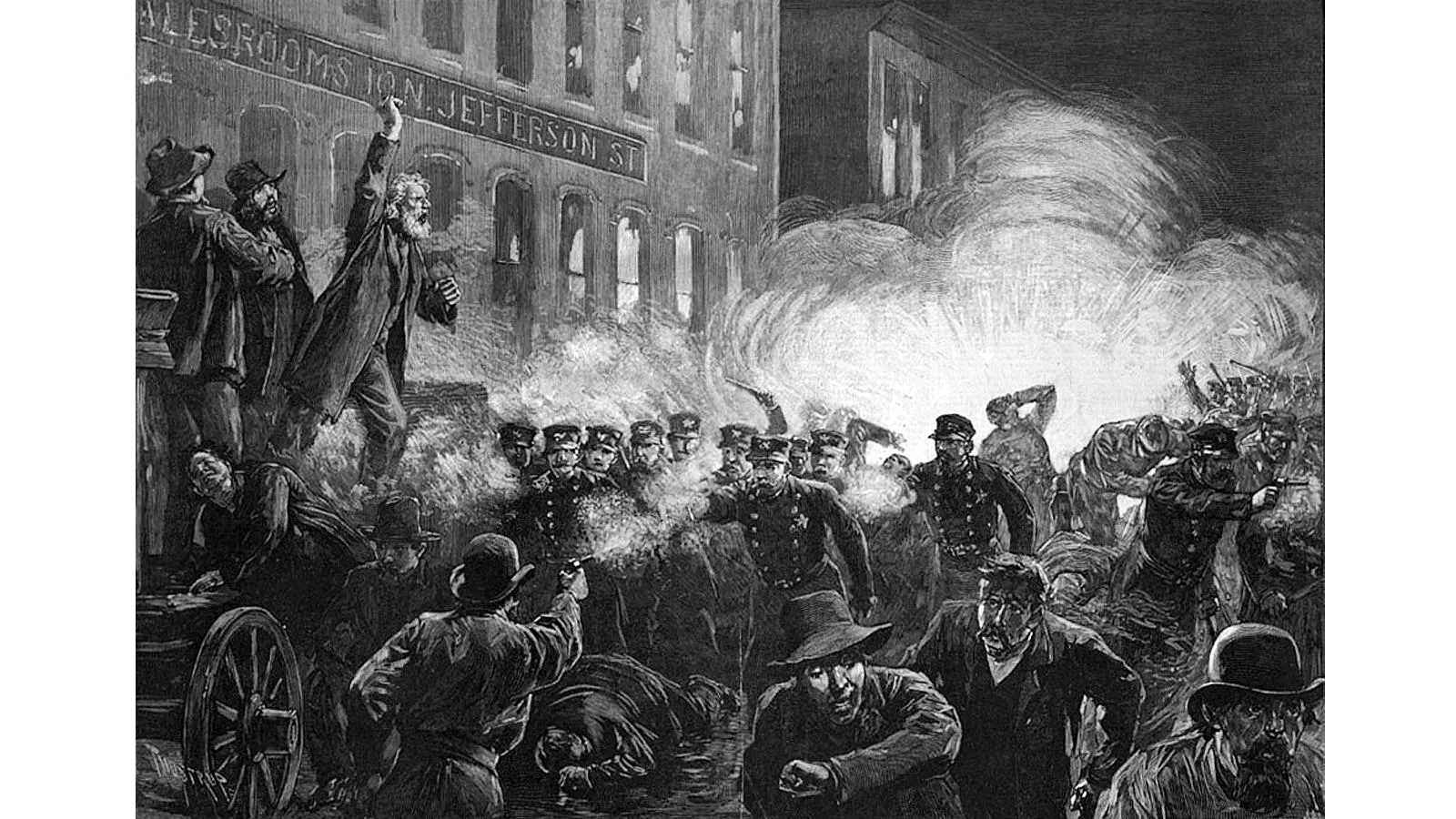Гравюра «Взрыв бомбы во время митинга на площадь Хеймаркет», 1886 год