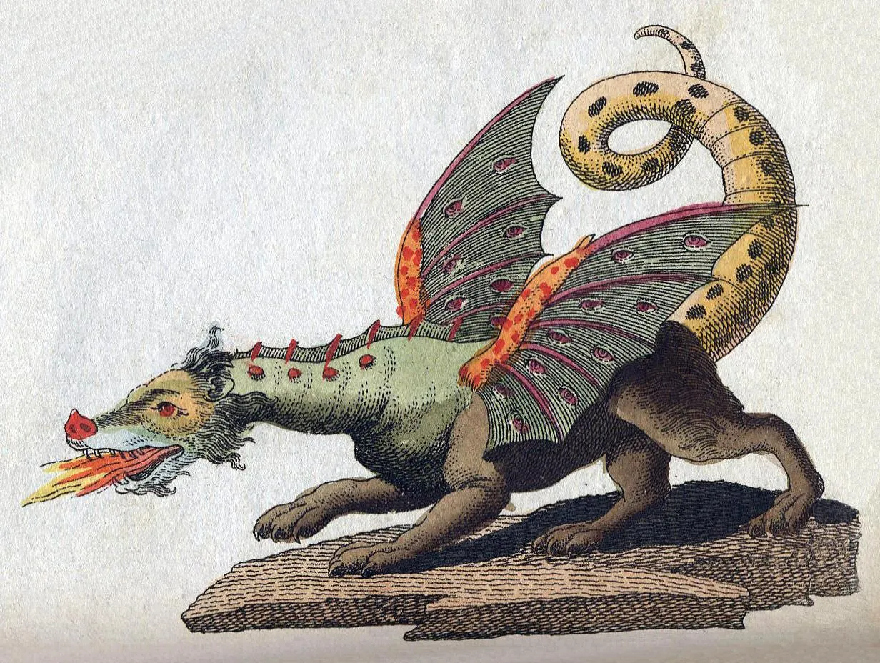 Изображение крылатого огнедышащего дракона из книги Фридриха Бертуха